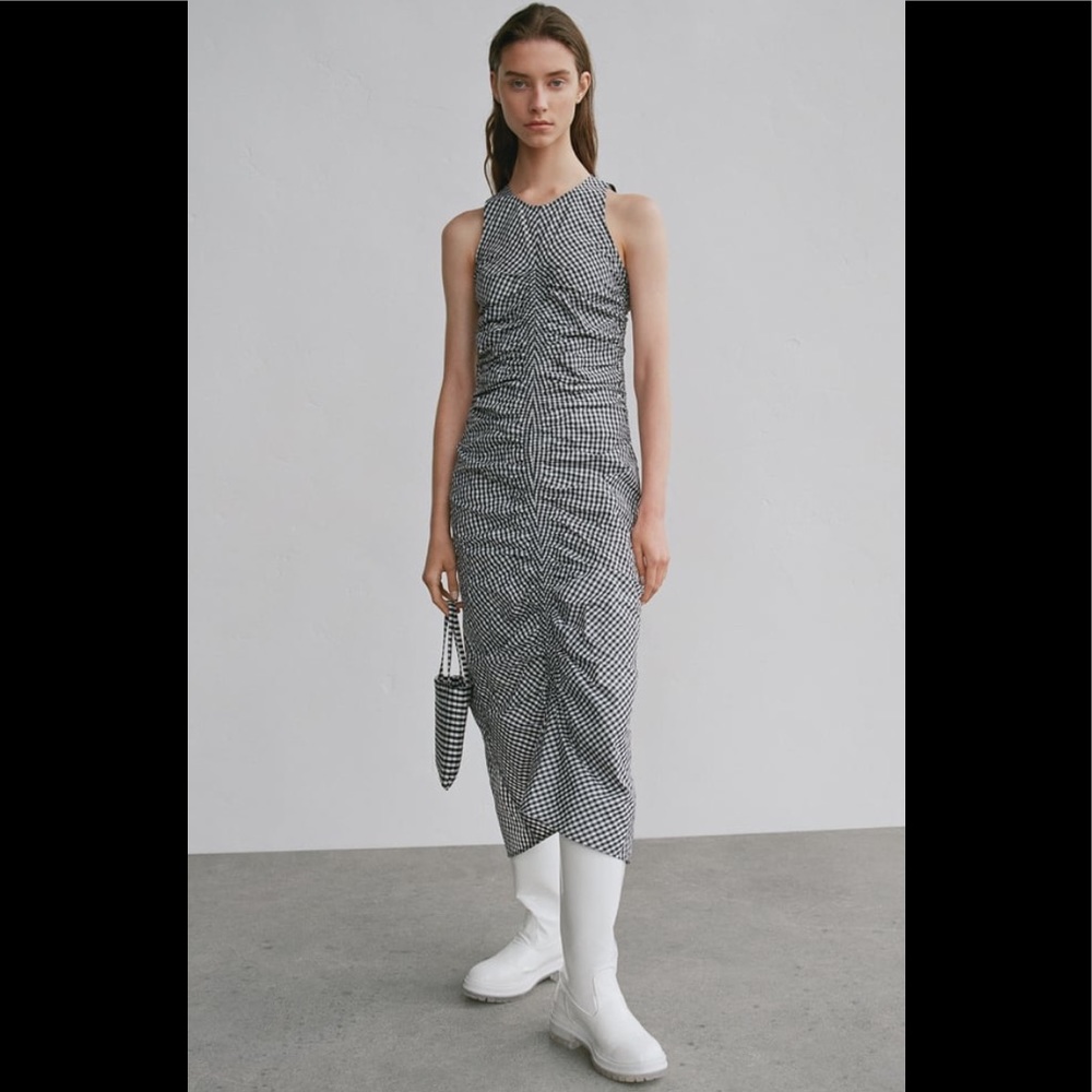 Zara Gngham Midi Dress XS Black White - Picture 2 of 9
